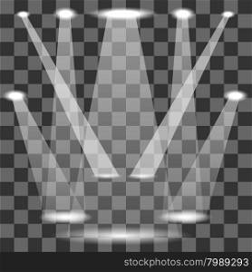 Set of White Spotlights Isolated on Checkered Background. Set of White Spotlights
