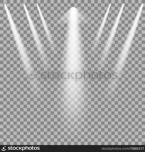 Set of White Spotlights Isolated on Checkered Background. Set of White Spotlights