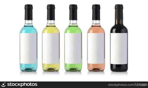 set of wine bottles isolated on white with blank label and clipping path