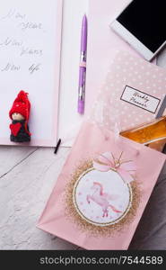 set of woman plans at new year with angel and gifts. concept shot