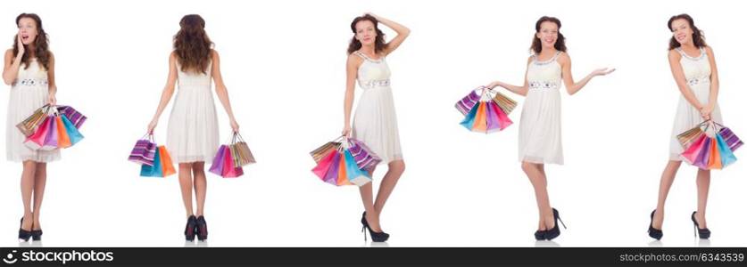 Set of woman with shopping bags on white. The set of woman with shopping bags on white