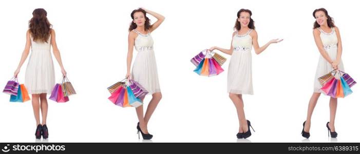 Set of woman with shopping bags on white