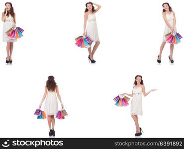 Set of woman with shopping bags on white