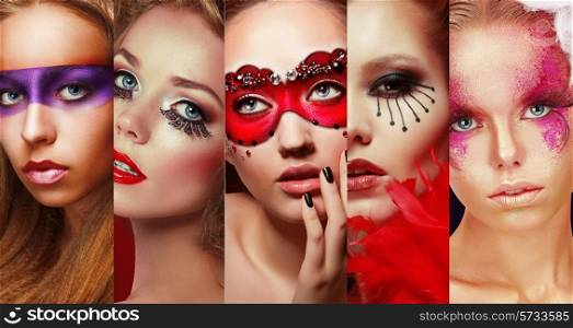 Set of Women&#39;s Faces with Bright Make Up