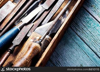 Set of wood chisel for carving wood. Retro carpenter tool
