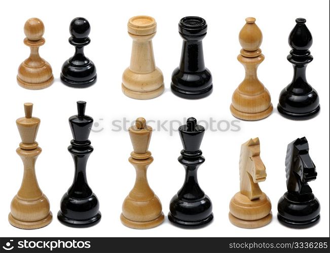 Set of wooden chess pieces light and dark colors