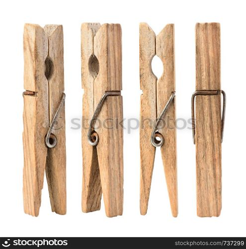 Set of wooden cloth pegs isolated on white background