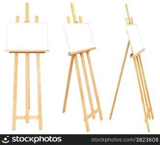 set of wooden easels with picture frame isolated on white background