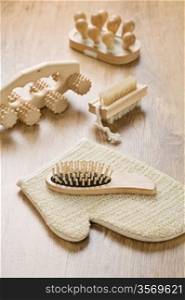 set of wooden objects with bast