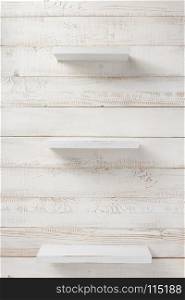 set of wooden shelf on white wall background texture