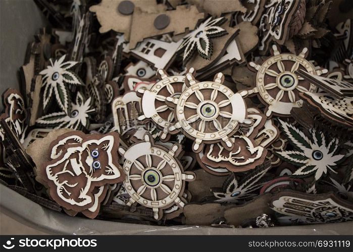 Set of wooden steering wheels of a boat