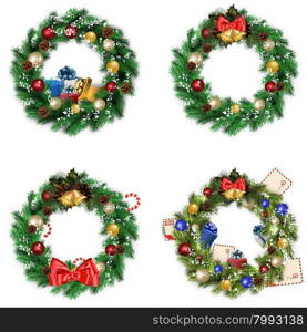 set of wreaths for Christmas. set of four Christmas wreaths on white background