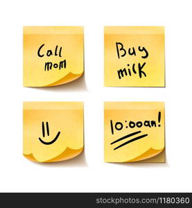 Set of yellow realistic sticky notes with simple short messages on white background. Set of yellow realistic sticky notes with simple short messages on white