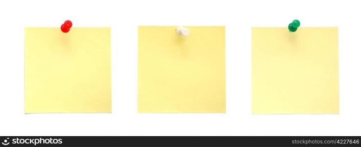 Set of yellow sticky notes with push pins isolated on white background. Yellow sticky notes