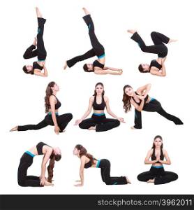set of young woman doing yoga exercise isolated on white background