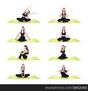 set of young woman doing yoga exercise with yoga mat isolated on white background