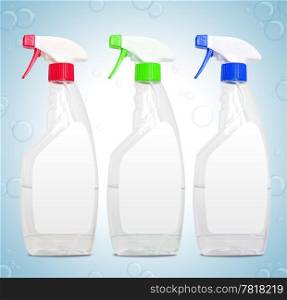 Set ot three bottles of spray cleaning products on bubbles background