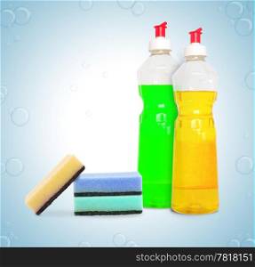 Set ot two bottles of cleaning products and spounges on bubbles background