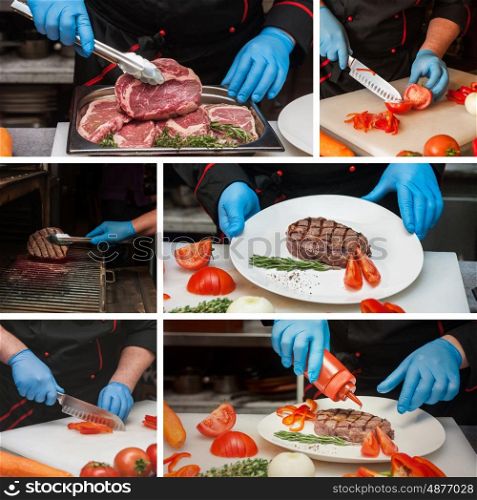 Set photos of Chef preparing meat steak. Chef preparing meat steak