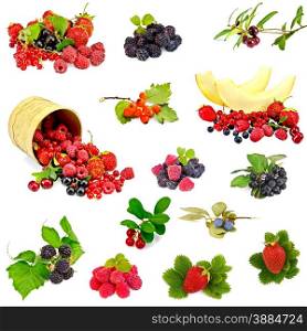 Set photos of raspberries, strawberries, blackberries, cranberries, hawthorn, cherry, chokeberry, black and red currants isolated on a white background