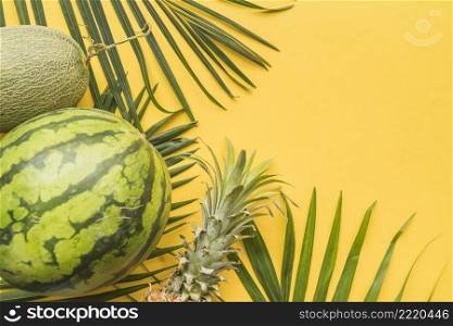 set ripe tropical fruits palm leaves