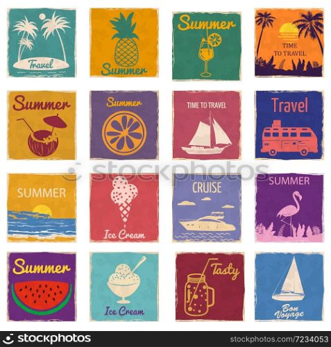 Set Speedboat Pineapple Cocktail Sailboat Slice Orange Seaside Sunset Ice Cream Flamingo vintage cards. Set Speedboat Pineapple Cocktail Sailboat Slice Orange Seaside Sunset Ice Cream Flamingo vintage cards poster. Textured grunge effect retro card with text Cruise Summer. Vector illustration silhouette isolated