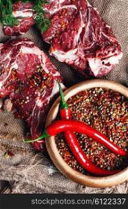 Set spices of different varieties of peppers to meat dishes. Spicy pepper spice