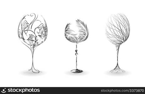 Set stylized wineglass with floral pattern. Sketch creative