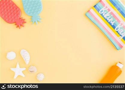 set summer beach holiday accessories yellow background
