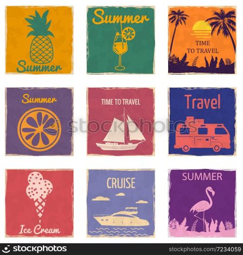 Set Sunset Seaside Sailboat Van Camper Cocktail Flamingo Ice Cream Speedboat Slice Orange vintage cards poster. Set Sunset Seaside Sailboat Van Camper Cocktail Flamingo Ice Cream Speedboat Slice Orange vintage cards poster. Textured grunge effect retro card with text Time To Travel Summer Vector illustration silhouette isolated