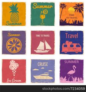 Set Sunset Seaside Sailboat Van Camper Cocktail Flamingo Ice Cream Speedboat Slice Orange vintage cards poster. Set Sunset Seaside Sailboat Van Camper Cocktail Flamingo Ice Cream Speedboat Slice Orange vintage cards poster. Textured grunge effect retro card with text Time To Travel Summer Vector illustration silhouette isolated