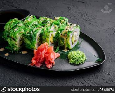 set sushi rolls in seaweed on black plate