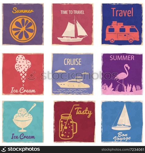 Set Van Camper Mason Jar Sailboat Van Camper Cocktail Flamingo Ice Cream Speedboat Slice Orange vintage cards. Set Van Camper Mason Jar Sailboat Van Camper Cocktail Flamingo Ice Cream Speedboat Slice Orange vintage cards poster. Textured grunge effect retro card with text Time To Travel Summer Vector illustration silhouette isolated