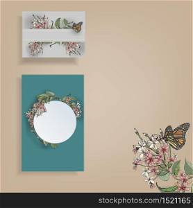 Set vector illustration of hand painted flowers Rangoon creeper, colorful and butterfly background.