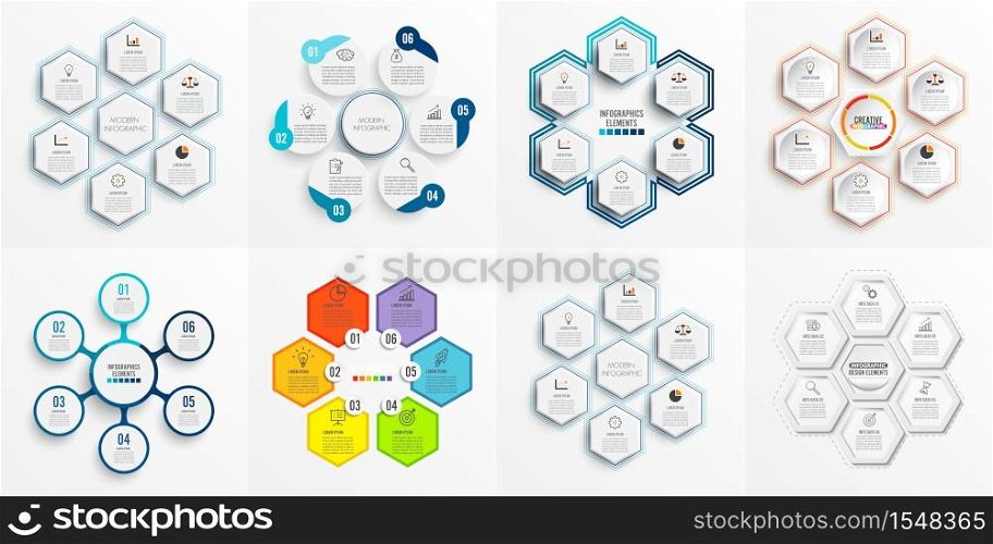 Set vector infographic template with 3D paper label, integrated circles. Business concept set with 6 options. For content, diagram, flowchart, steps, parts, timeline infographics, workflow, chart.