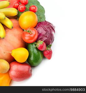 Set vegetables and fruits on white background. Free space for text.