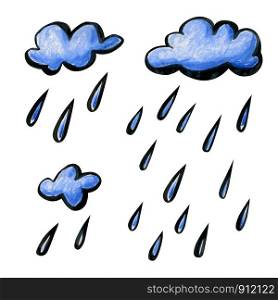Set with bright cartoon rain clouds. White-blue clouds are drawn by hand and isolated on a white background. Soft fluffy rounded shapes with a black outline and with large drops of rain.. Set with bright cartoon rain clouds.