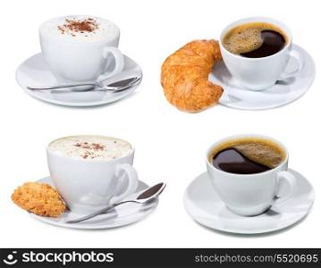 set with cups of coffee on white background