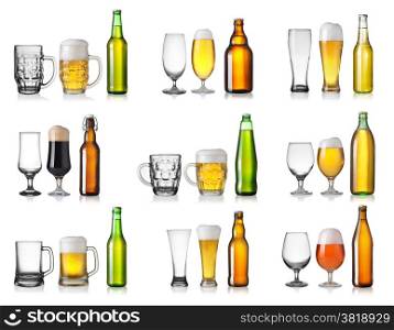 set with different beer isolated on white background