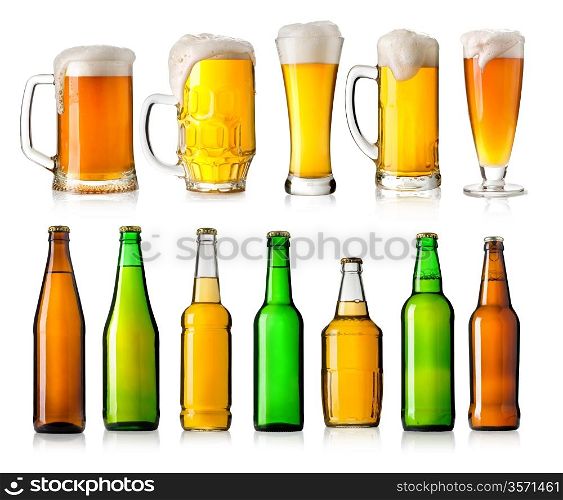 set with different beer on white background