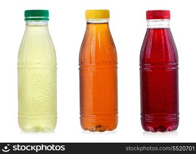 set with different bottles of ice tea on white background