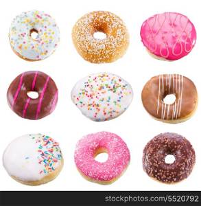 set with different donuts on white background