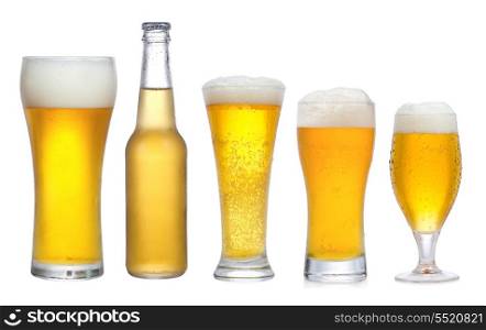 set with different glasses of beer on white background