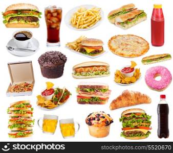 Set with fast food products on white background
