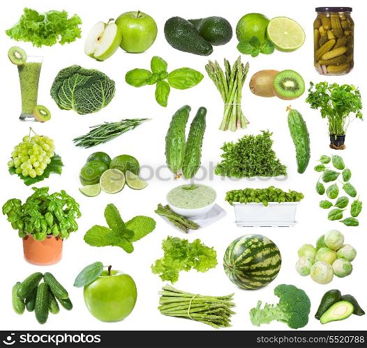 set with green food on white background