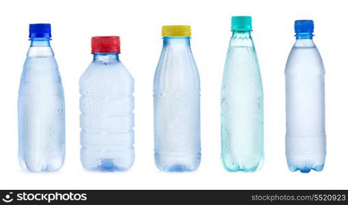 set with plastic bottles of water on white background