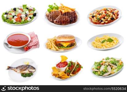 set with plates of various food products on white background