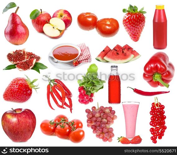 set with red food and drinks on a white background