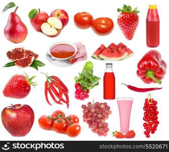set with red food and drinks on a white background