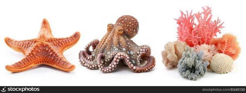 Set with sea animals and corals, isolated on white background. Collection of ocean inhabitants. Marine life. Undersea creatures. Underwater wildlife. Octopus, sea star. Generative AI. Set with sea animals and corals, isolated on white background. Collection of ocean inhabitants. Marine life. Undersea creatures. Underwater wildlife. Octopus, sea star. Generative AI.